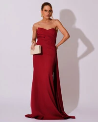 Vestido de Festa Longo Alfaiataria Tomara que Caia Drapeado Faixa Marsala