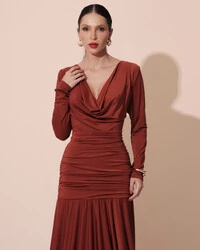 Vestido de Festa Longo Malha Degagê Drapeado Manga Longa Terracota