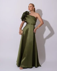 Vestido de Festa Longo Zibeline um Ombro Só Flor Drapeado Verde Oliva