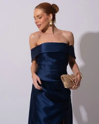 Vestido de Festa Longo Zibeline Ombro a Ombro Drapeado e Fenda Azul Marinho