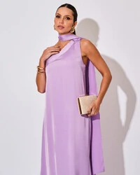 Vestido de Festa Longo Cetim Fluido Um Ombro Só Lenço Fixo Lilás