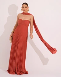 Vestido de Festa Longo Tomara que Caia Plissado com Lenço Terracota