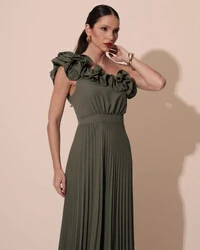 Vestido de Festa um Ombro Só Flor Saia Plissado Verde Oliva