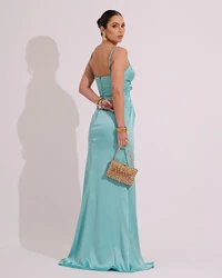 Vestido de Festa Longo Cetim Alfaiataria Fenda Drapeada Tiffany