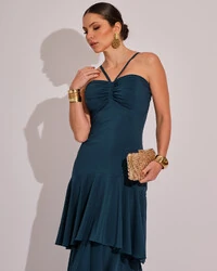 Vestido Longo Frente Única em Crepe com Babados e Camadas Verde