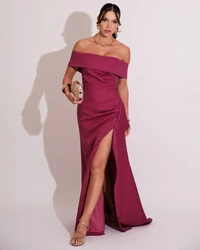 Vestido de Festa Longo Ombro a Ombro com Fenda em Alfaiataria Fucsia