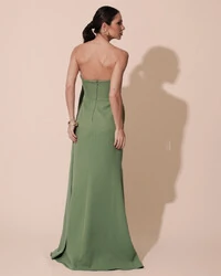 Vestido de Festa Longo Alfaiataria Tomara que Caia Drapeado Faixa Verde Matcha