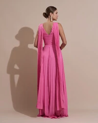 Vestido de Festa Longo Crepe Chiffon Plissado com Lenço nas Alças Rosa
