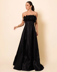 Vestido de Festa Longo Cetim Cristal Tomara que Caia com Flor 3D Preto