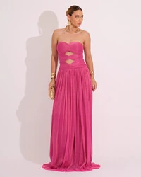 Vestido de Festa Longo Tule Brilho Tomara que Caia Recortes Pink
