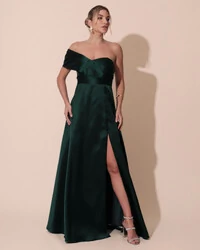 Vestido de Festa longo Faixa Ombro e Fenda Zibeline Verde Escuro