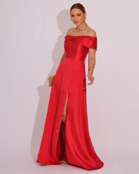 Vestido de Festa Longo Ombro a Ombro Laço Zibeline com Fenda Vermelho