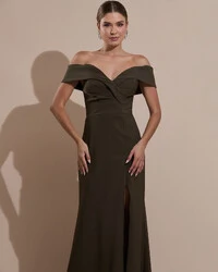 Vestido de Festa Longo Alfaiataria Ombro a Ombro com Fenda Verde Oliva