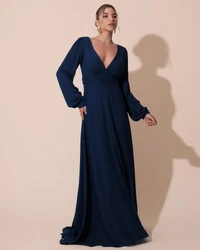 Vestido de Festa Manga Longa com Cintura Drapeada Decote V Azul Marinho