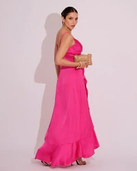 Vestido Midi Babado Acetinado Pink