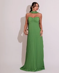 Vestido de Festa Longo Tomara que Caia Plissado com Lenço Verde Kiwi