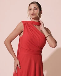 Vestido de Festa Longo Crepe Chiffon Um Ombro Só Drapeado com Lenço Vermelho New