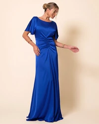 Vestido de Festa Longo Cetim Fluido Manga Curta Drapeado Azul Royal