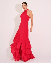 Vestido de Festa Longo Decote Halter com Babados Vermelho