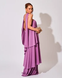 Vestido de Festa Longo Chiffon Crepe em Camadas com Lenço Fúcsia