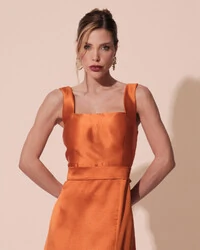 Vestido de Festa Longo Zibeline com Fenda e Faixa Terracota