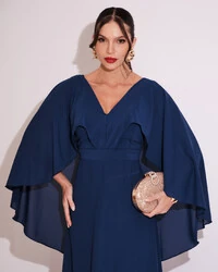 Vestido de Festa Longo com Capa Crepe Azul Marinho