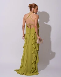 Vestido de Festa Longo Crepe Chiffon Frente Única Babados Cascata e Flor Verde Pistache