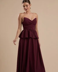 Vestido de Festa Longo Crepe Chiffon Tomara que Caia Peplum Drapeado Marsala