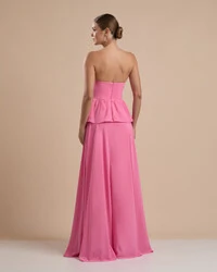 Vestido de Festa Longo Crepe Chiffon Tomara que Caia Peplum Drapeado Rosa