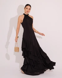 Vestido de Festa Longo Decote Halter com Babados Preto