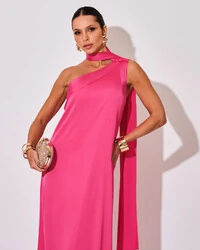 Vestido de Festa Longo Cetim Fluido Um Ombro Só Lenço Fixo Pink