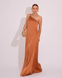 Vestido de Festa Longo em Cetim Fluido um Ombro Só Mocha Mousse
