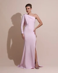 Vestido de Festa com Laço de Um Ombro em Alfaiataria Fenda Rosa Claro