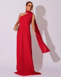 Vestido de Festa Longo Crepe Chiffon Um Ombro Só Drapeado Vermelho