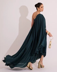 Vestido de Festa um Ombro com Capa Crepe Fluido Verde Escuro