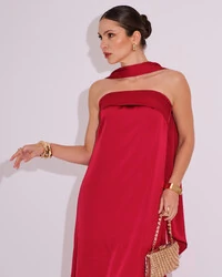 Vestido Longo de Festa Tomara que Caia Cetim com Lenço Marsala
