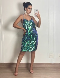 Vestido Curto Paetê com Gola Única e Costas Abertas Verde