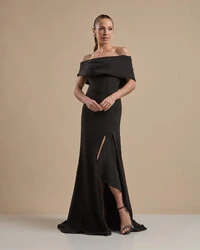 Vestido de Festa Longo Alfaiataria Ombro a Ombro com Babado Cascata Preto