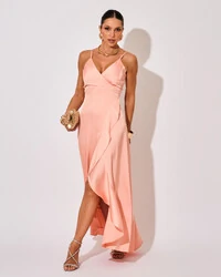 Vestido Midi Babado Acetinado Rose Gold