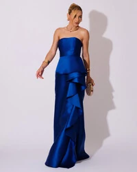 Vestido de Festa Longo Tomara que Caia Babado Cascata Azul Royal