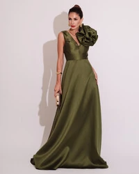 Vestido de Festa longo Zibeline Flor Verde Oliva