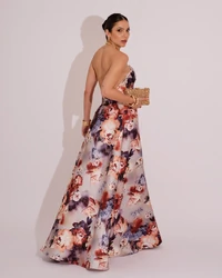 Vestido de Festa Longo Zibeline Estampado Floral Tomara que Caia