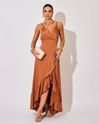 Vestido Midi Babado Acetinado Mocha Mousse