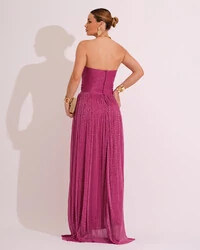 Vestido de Festa Longo Tule Brilho Tomara que Caia Recortes Fúcsia