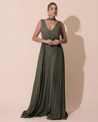 Macacão de Festa Longo Crepe Pantalona Plissado e Lenço Verde Oliva