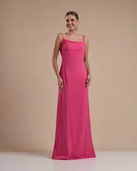 Vestido de Festa Longo Crepe Chiffon Costas Lenço Cauda Pink
