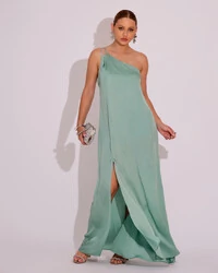 Vestido de Festa Longo Cetim Um Ombro Só Menta