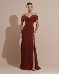 Vestido de Festa Longo Alfaiataria Ombro a Ombro com Fenda Terracota