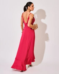 Vestido Midi Babado Acetinado Pink Escuro