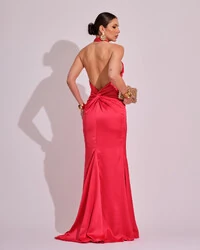 Vestido de Festa Longo em Cetim Alfaiataria com Elastano Frente Única Coral